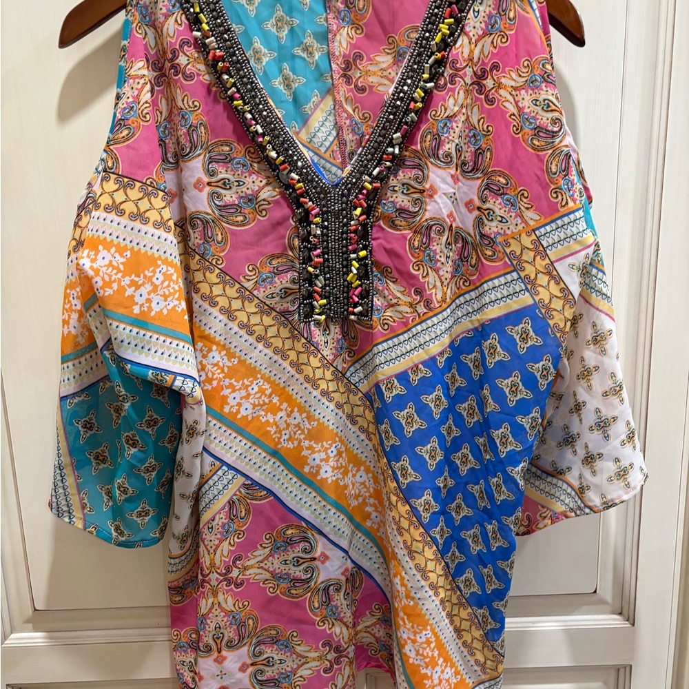 Melissa Paige Beaded V-Neck Mixed Print Tunic in Pink, Blue & Yellow